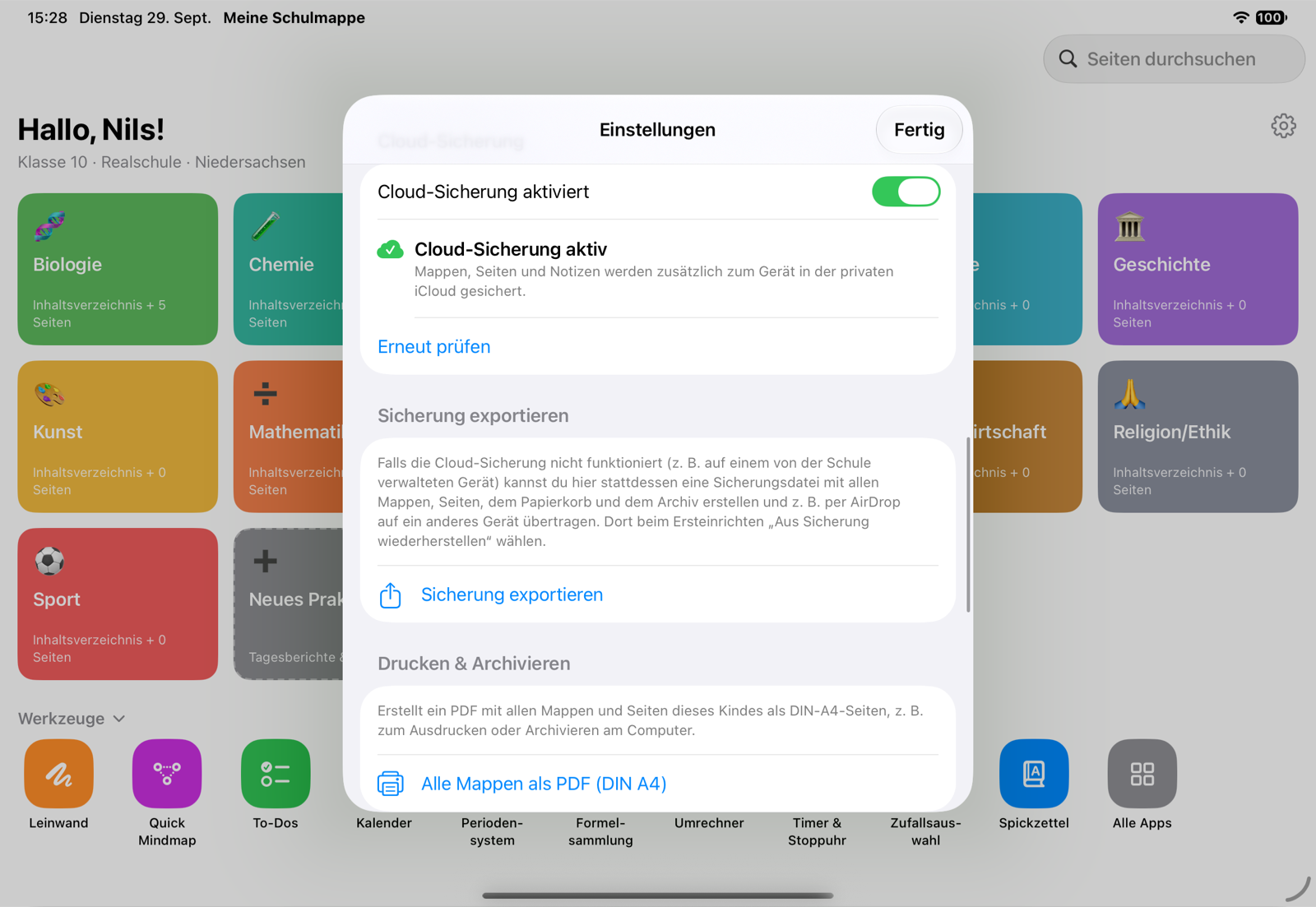 Private Cloud-Sicherung, Sicherung exportieren, alle Mappen als PDF